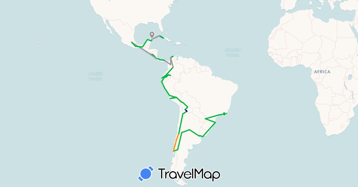 TravelMap itinerary: driving, bus, plane, hiking, boat, hitchhiking in Argentina, Bolivia, Brazil, Chile, Colombia, Costa Rica, Cuba, Ecuador, Mexico, Nicaragua, Panama, Peru, Uruguay (North America, South America)